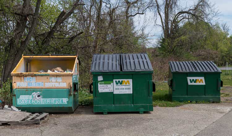 Three dumpsters in Swissvale, Pennsylvania, USA