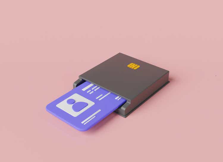 Smart card reader with ID card on pink background. Chip card readers, identity verification, secure transactions, personal data.  3D symbol rendering illustration.Cartoon simple style