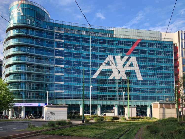 The headquarters of French insurance and investment company AXA is located in Milan, Italy. Exterior view of the AXA building in the Porta Nuova district.milan, italy