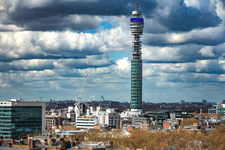 BT tower and cityscape in central London, UK