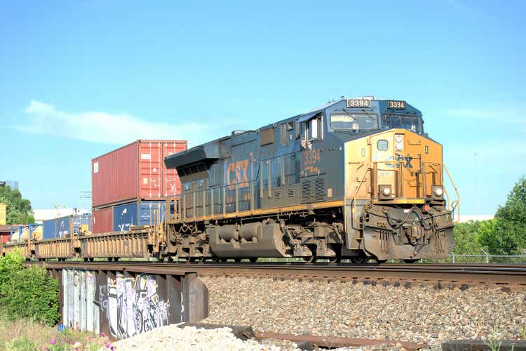 Dayton, Ohio, USA -June 6, 2020: A CSX freight train hauling cargo through southern Ohio.
