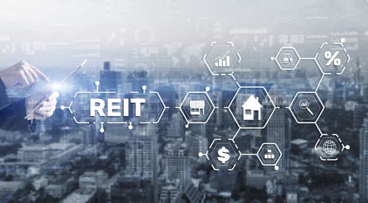 REIT. Real estate investment fund. Financial market. Hand pressing button on screen