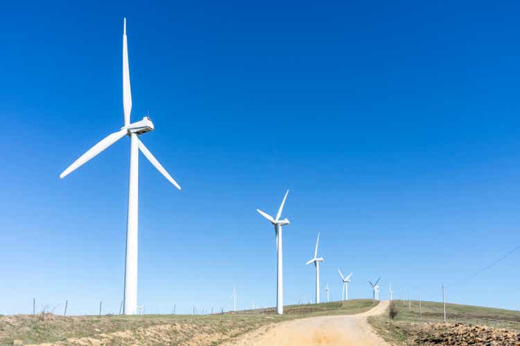 WIND TURBINES IN A WIND FARM. PANORAMIC VIEW.