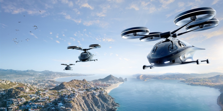 eVTOL Aircraft Flying Over Coastal Location