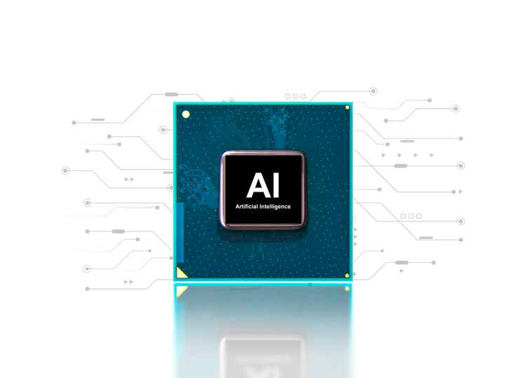 Artificial intelligence AI computer processor chip with microchip isolated and electronic circuit pattern on white background.