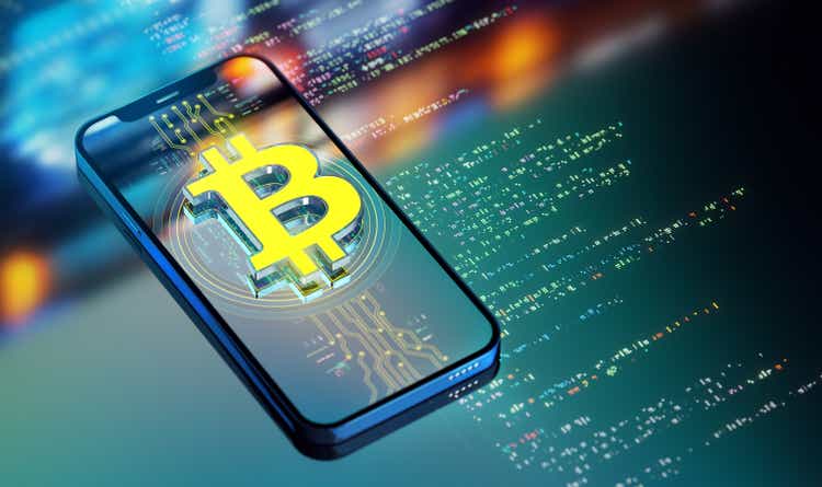 The power of cryptocurrencies and digital wallets. Transforming industries and customer service. Looking to the future. Yellow Bitcoin icon on smartphone. 3D rendering