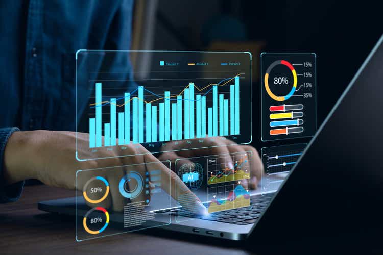 Businessman works on a laptop showing business analytics dashboard with graphs, metrics and KPIs to analyze performance and create insightful reports for operations management.  Data analytics concept.Ai