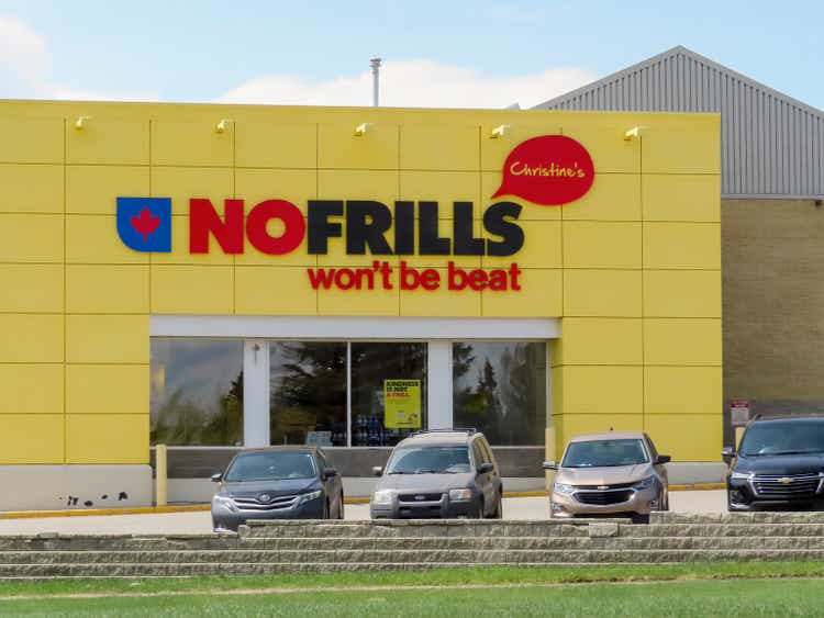 A No Frills entrance. A Canadian chain of discount supermarkets, owned by Loblaw Companies