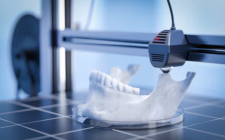 Printing a human jaw along with its teeth using 3D bioprinting - the future of dentistry and medicine. 3D illustration
