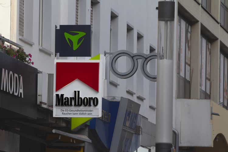 Marlboro logo on a local tobacco shop in Dortmund. Marlboro is american brand of tobacoc and cigarettes part of Altria and Philip Morris International.