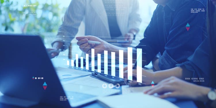 Business finance data analytics graph chart report, man typing computer keyboard investment digital GDP marketing KPI sale data report financial management technology, DevOps engineer