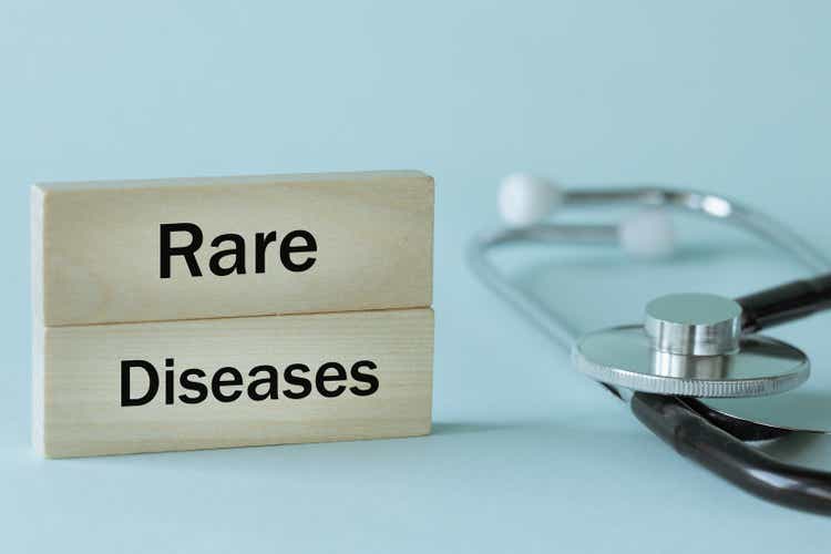 Rare diseases written on wooden blocks together with medical stethoscope, Health concept