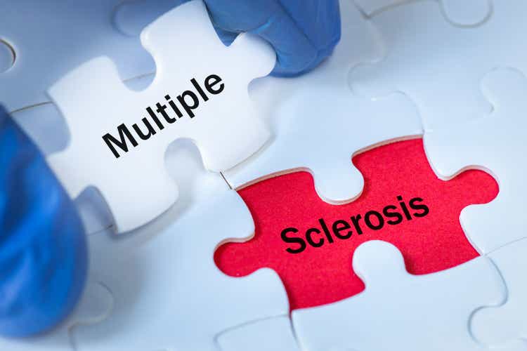 Multiple sclerosis (multiple sclerosis) a disease that affects the nervous system, written on wooden blocks, health concept, rare disease detection and treatment, lettering on puzzle pieces