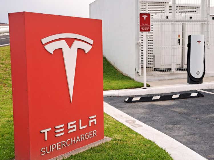 Mexico State, Mexico - May 05 2023: The American electric car company, Tesla begins charging for the use of its Supercharger chargers in Mexico, after offering the service for free