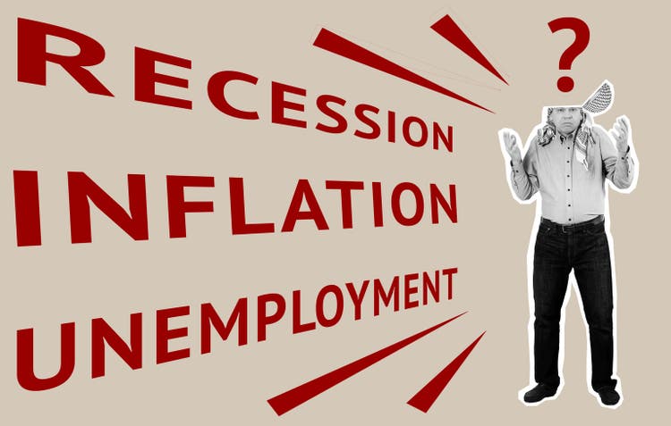 Creative collage. Recession, inflation, unemployment hit a confused man. He does not know what to do. The concept of a financial crisis