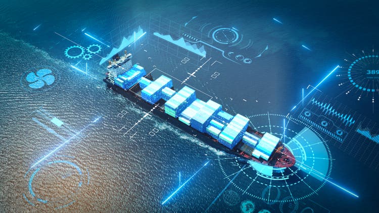 AI technology. Global Logistics international delivery concept, World map logistic and supply chain network distribution container Ship running for export import to customs cean concept technology