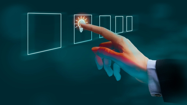 Hand finger with lighting touching icon idea on dark background. Technology and social concept