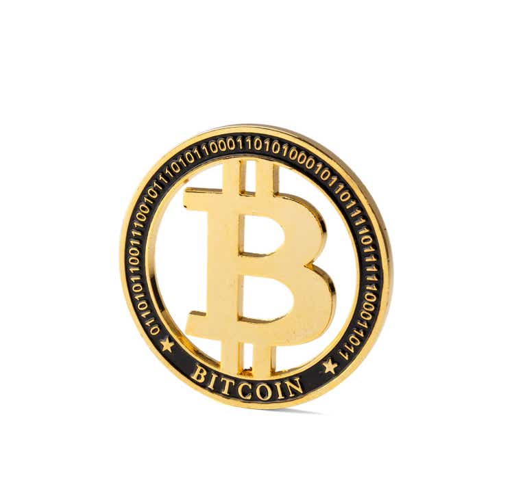 Digital currency. Cryptocurrency. Golden bitcoin isolated on white background.
