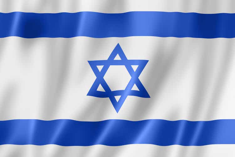 The flag of Israel with the blue lines and the blue star