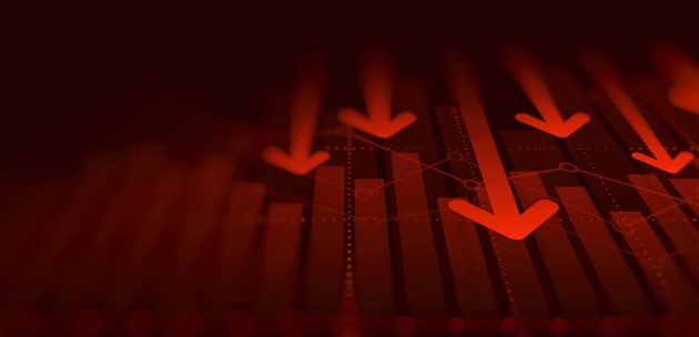 Widescreen abstract financial chart with downtrend line graph arrow in stock market in red colour background