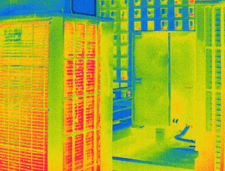 Heat and cold leakage in air conditioners. Infrared image of Air Conditioner units on the roof. Cooling towers installation and checking of heat lack