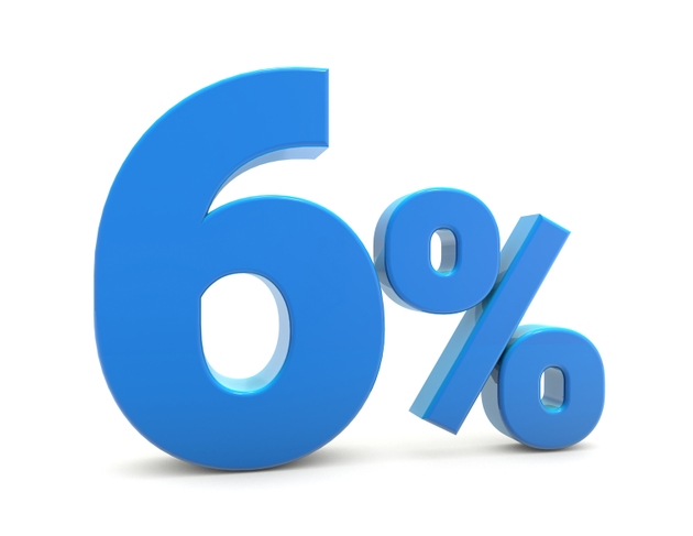 6 percentage sign isolated on white background. 6 percent off 3d. 6 percent sign. 3D rendering.