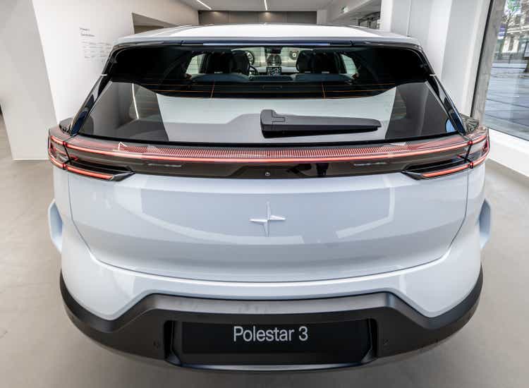 White 2023 Polestar 3 electric performance SUV on display..