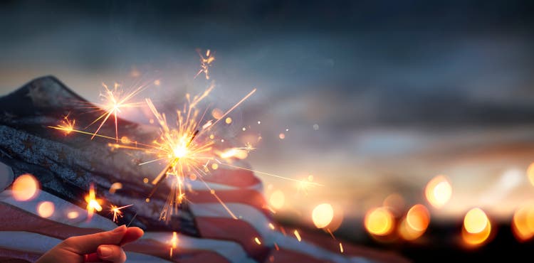 American Flag With Sparkler - 4th Of July And Memorial Day - Abstract Defocused Lights