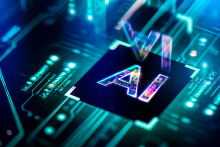 Artificial Intelligence processor unit concept. Powerful Quantum AI component on PCB motherboard with data transfers.