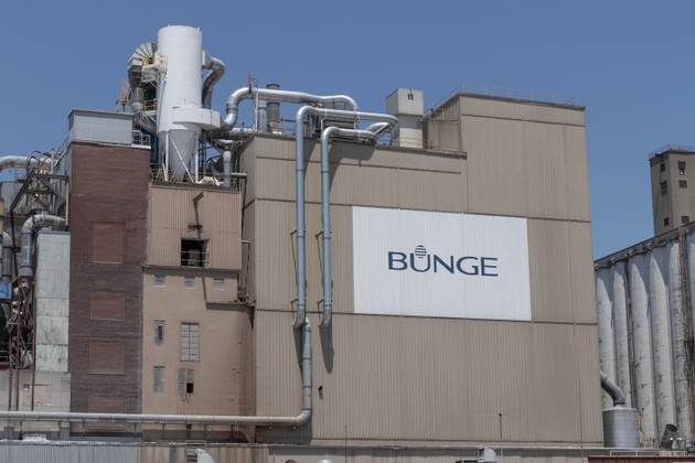 Bunge grain and soybean processing facility. Bunge buys and resells grains, oilseeds and softseeds from farmers.