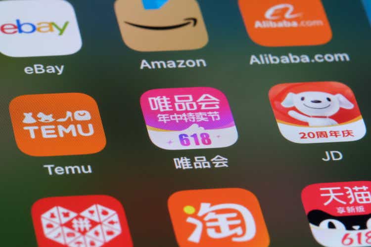 Temu, Vipshop, JD.com, eBay, Amazon and Alibaba.com app icon on screen