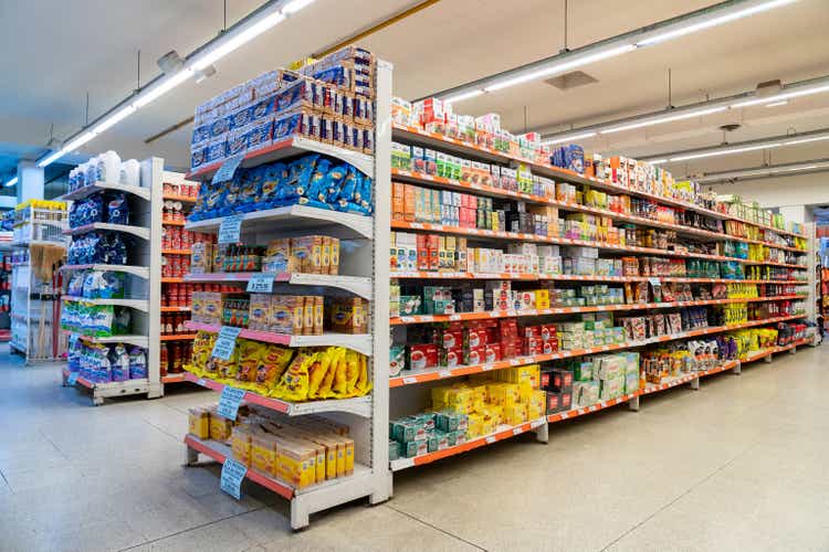 Variety of products on different aisles and shelves in supermarket