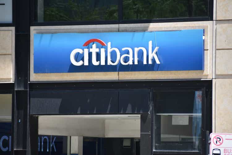 Citibank logo sign on office building in Downtown Chicago