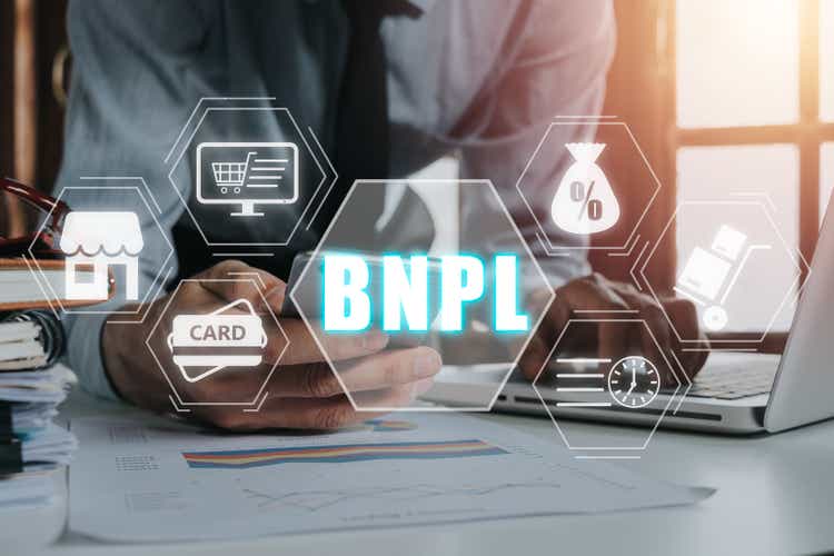 BNPL-Buy Now Pay Later shopping online icon concept, Business person using smart phone with Buy Now Pay Later icon on virtual screen.