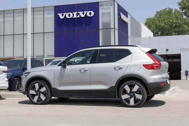 Volvo XC40 Recharge Twin AWD display at a dealership. Volvo offers the XC40 in Core, Plus, and Ultimate models.