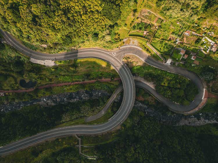 Aerial images on top of roads in the middle of the mountains in Sao Miguel Island, Azores, Portugal