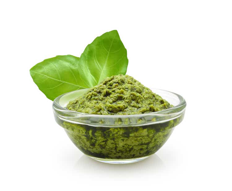 Pesto sauce with fresh green basil leaves isolated on white