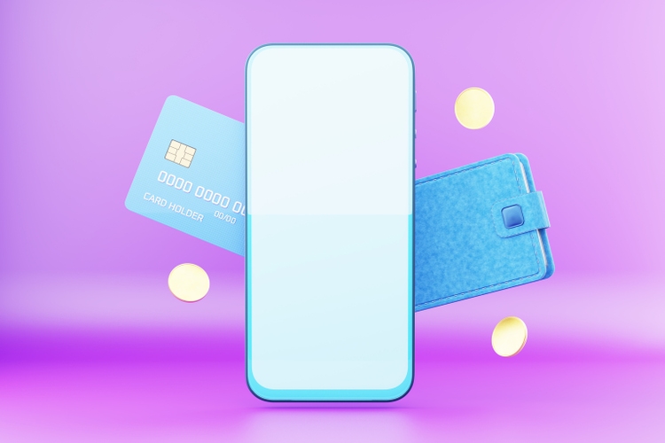 Contactless payments. Online bank. Banking services. Mobile payments. Magenta. Smartphone, coins, bank cards, wallet. 3d render.