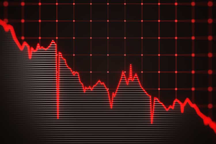 Falling down red financial chart background. 3D Rendering