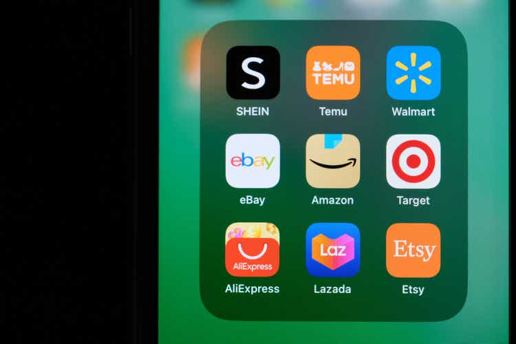 Amazon, eBay, SHEIN, Temu, Walmart, AliExpress, Lazada, Target and Etsy app icon on screen