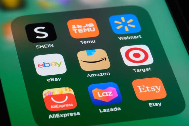 Amazon, eBay, SHEIN, Temu, Walmart, AliExpress, Lazada, Target and Etsy app icon on screen