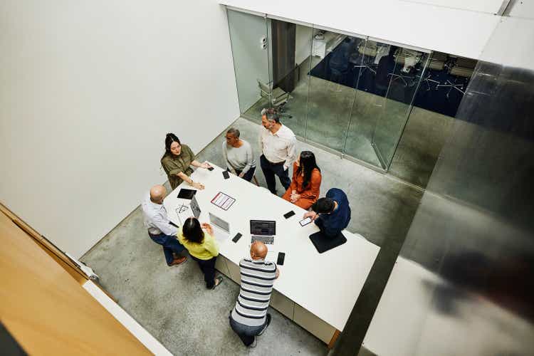 A businesswoman conducting a project meeting at the office