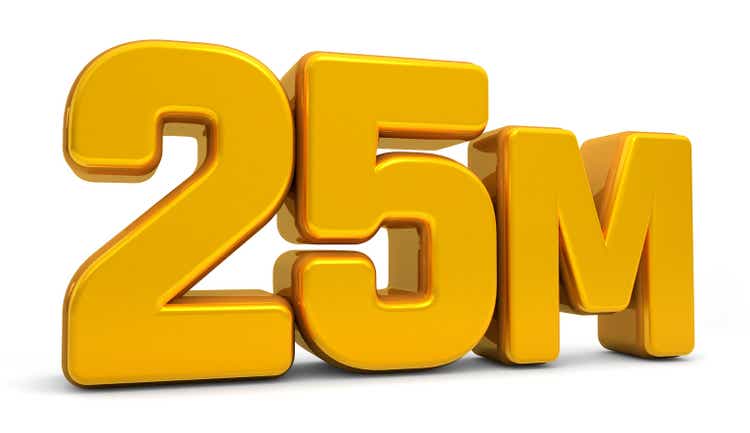 Golden 25M isolated on white background. 25M 3d. Thank you for 25 Million followers 3D gold. 3D rendering