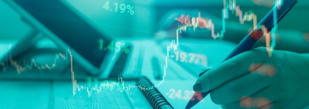 graph and indicator, red and green candlestick chart on blue theme screen, market volatility, up and down trend. Stock trading, crypto currency background.
