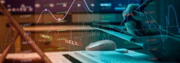 stock market investment trading. Financial chart with up trend line graph. Wealth management with risk diversification concept.