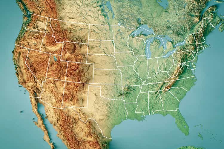 United States Topographic Map Horizontal 3D Render Color Border