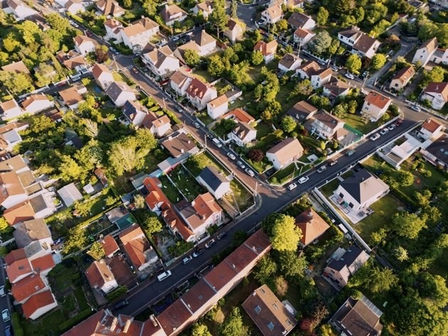 Aerial view over houses in Paris suburb