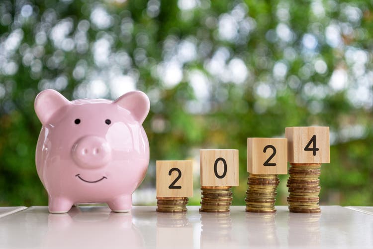 Piggy Bank, Stack of Coins and New Year 2024