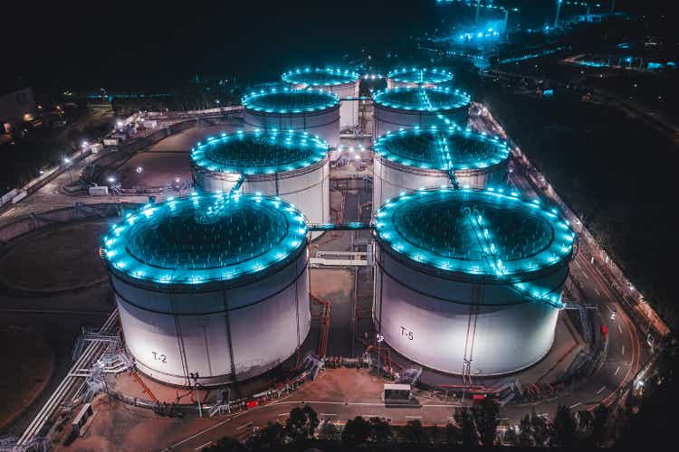 Oil storage spheres tank at night