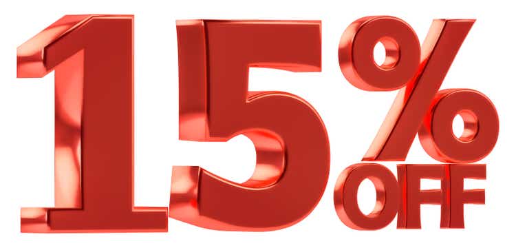 15 % off discount for sale promotion. 3d number with percent sign. Isolated on white background